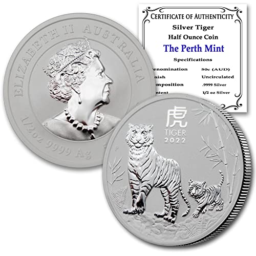 2022. Au 1/2 oz srebrna australska lunarna godina tigra kovanica briljantna necirkulirana s potvrdom o autentičnosti 50c bu