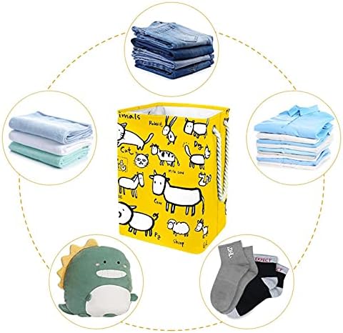 Vodootporna košarica za pranje rublja Velika kolica za pranje rublja s ručicom 4 odvojiva šipka, slatke zoološke životinje žuti uzorak