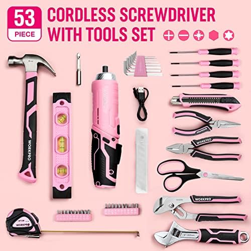 53-dijelni ružičasti set alata za kućanstvo s električnim bežičnim odvijačem, 3,7-voltni odvijač, osnovni set alata za žene s 13-inčnom