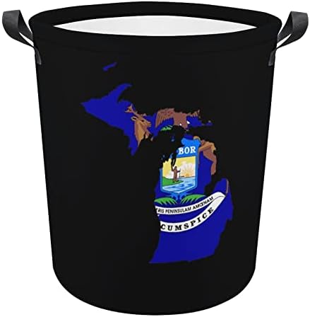 Karta zastave države Michigan košara za rublje s ručkama okrugla sklopiva košara za rublje košara za pohranu u kupaonici spavaće sobe