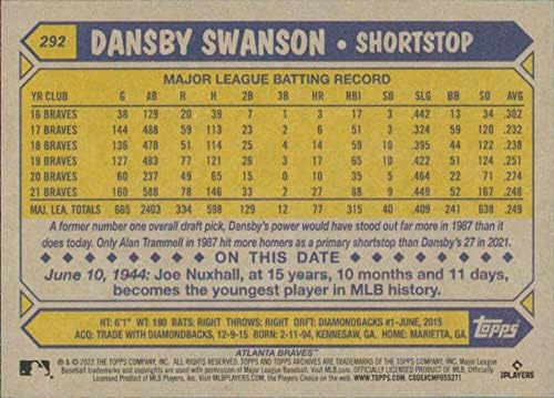 2022 Topps Archives 292 Dansby Swanson 1987 Topps NM-MT Atlanta Braves Baseball