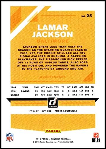 2019. Donruss 25 Lamar Jackson NM-MT Baltimore Ravens Službeno je licencirao NFL nogometnu trgovačku karticu