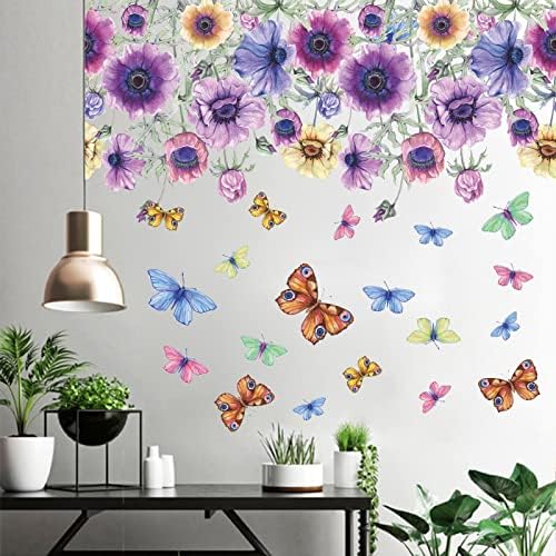 2 lista zidnih naljepnica u boji s cvjetnim leptirom ljubičasto cvijeće Zidne naljepnice za cvijeće, uklonjivi odljepljivi i ljepljivi