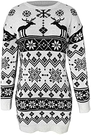 Mebamook haljina za žensku džemper moda božićni pleteni print Dugi rukavi okrugli vratni džemper haljina