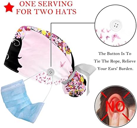 2 PCS sestra za piling kape za žene dugu kosu, djevojčica leptir ružičasta podesiva radna kapa s gumbom i trakom za znoj