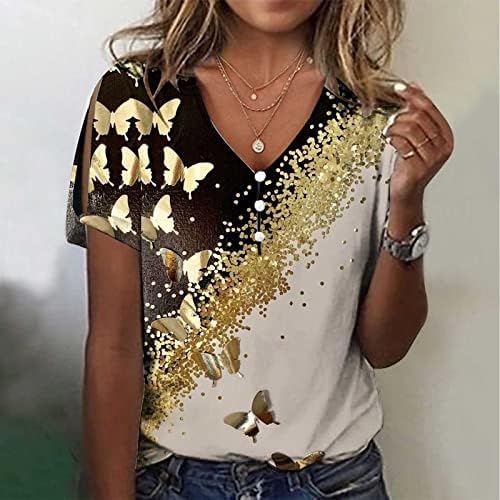 Ženske kratke rukave ležerne majice gumb V vrat ljetni vrhovi labava udobna tunična bluza Slatka prugasta cvjetna tiskana majica