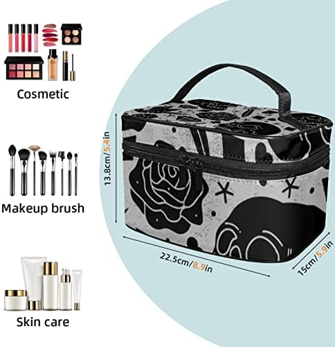 Yoyoamoy torba za putničku šminku s odjeljkom, lubanjem i cvijećem na sivoj velikoj kozmetičkoj kućici Personalizirana kozmetička kutija