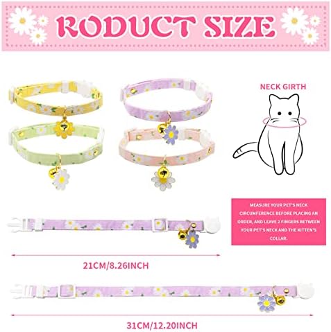 4pcs odlomljena mačja ogrlica sa slatkim visećim zvončićima, sigurnost Podesiva Za 18-30 cm, slatka cvjetna pamučna ogrlica za mačiće