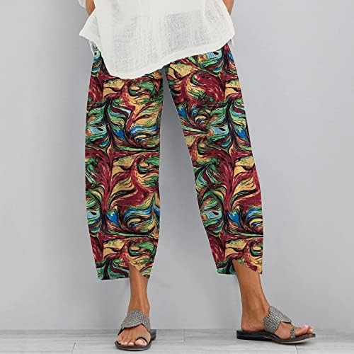 Ženske pamučne lanene hlače, elastične visokog struka labave noge fit joge kapris grafički cvjetni cvjetni tiskani vrećasti hlače