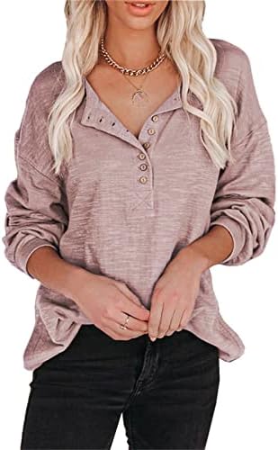SILUNMA2021 Žene casual gumb v vratne bluze casual labava labava boja gornja boja dugi rukavi opuštene majice