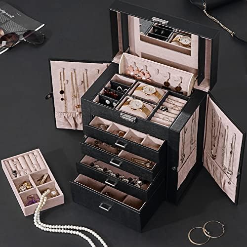 Kutije za nakit za žene, kutija za organiziranje nakita od umjetne kože, kutija za odlaganje nakita u 5 slojeva s ladicom