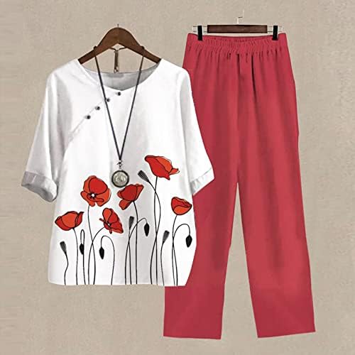 2 komada odjeća za žene Ljetni elastični struk Capri Lounge hlače kratki rukavi posada za vrat kratke rupe za ležerne platnene noge