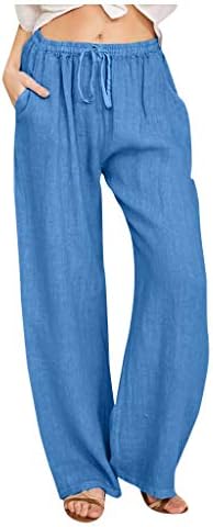 Yubnlvae hlače za žene pamučne i posteljine elastične elastične struje s džepovima čvrste široke noge labave hlače