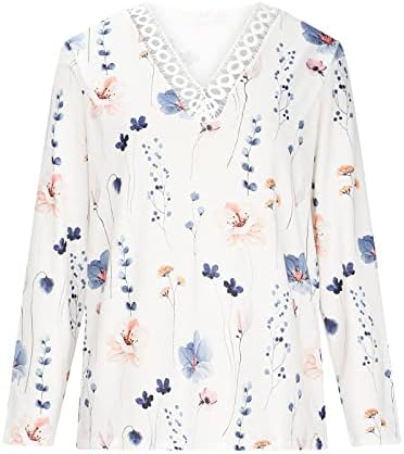Jesenski cvjetni tiskani vrhovi za žene kukičane čipke obloga v vrat t majice casual labave pulover majice majice