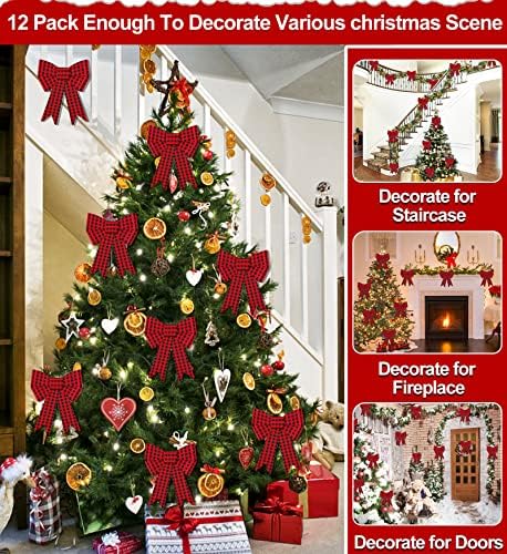 Turnmeon 12 pakiranje božićnih lukova ukras, crveni i crni bivol karirani lukovi 6 do 8 božićno drvce, a vijevi za božićne ukrase za