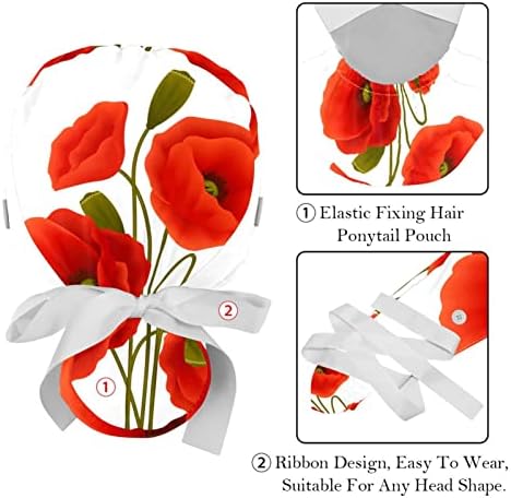 Medicinske kape za žene s gumbima duga kosa, 2 komada podesiva radna kapu, cvjetni cvjetovi od crvenog maka