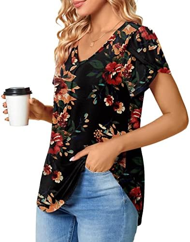 Žene s kratkim rukavima vrh 2023 VNECK pamučni cvjetni grafički salon labavi fit opušteni fit kawaii majica bluze za djevojčice