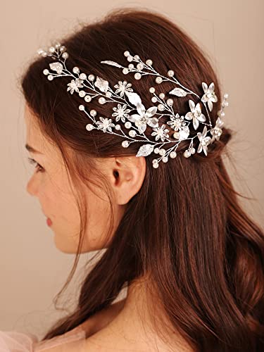 Vjenčana srebrna traka za glavu s cvijetom i biserima, boho dodatak za kosu za žene i djevojke