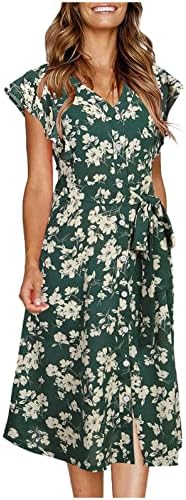 Masbird haljine za žene 2022, žene plaže cvjetni tiskani V vrat Sundress rukave kratkih rukava s džepom