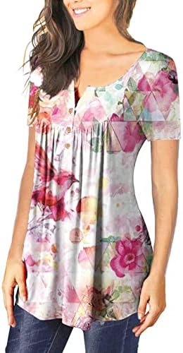Ženske cvjetne tunike vrhovi casual bluza v vrat gumbi kratkih rukava majice sakrij trbušne ljetne majice