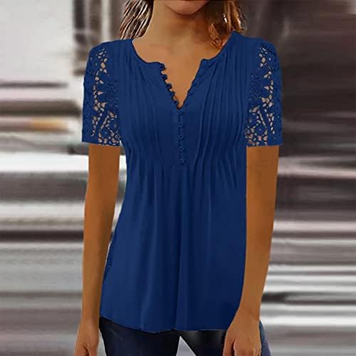 Ženski vrhovi Odjetna ležerna čvrsta majica Ljetna V-izreza čipkaste kukičane bluze ljeto labave majice s kratkim rukavima Henley