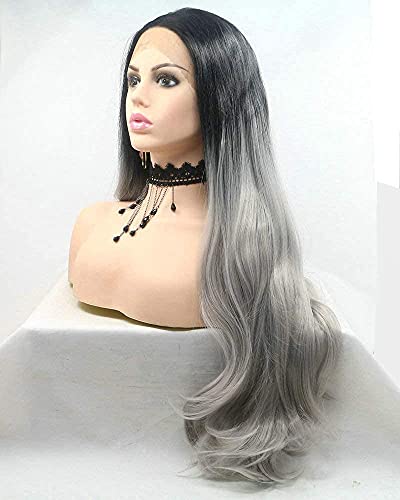 Ombre sive perike na čipki sprijeda transvestit s crnim korijenom sigurna sintetička duga kosa prirodne sive perike za žene