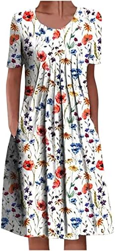 Cvjetna tiskana ležerna haljina za žene Ljetne posade kratke rukave Swing Pleaded Midi haljina na plaži Party Sundress