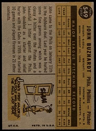 1960. Topps 549 John Buzhardt Philadelphia Phillies ex Phillies