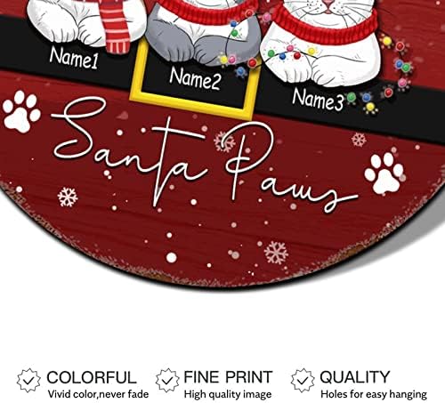 Sretan božićni znak natpis na vratima Prilagođeno mačje ime dolazi Santa Paw Crveni okrugli metalni limen znak božićni zidni ukrasi