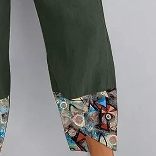 Žene tiskane platnene hlače široke noge Lagane obrezane dne hlače Elastični struk plaže haremske hlače s džepovima